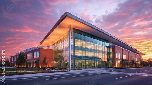 Modern office building sunset; vibrant sky