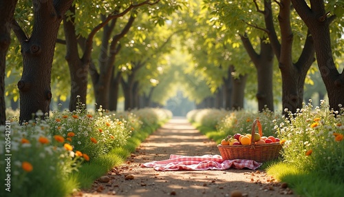 Stunning Park Alley Surrounded by Majestic Trees and Vibrant Flowers in Full Bloom on a Sunny Day photo