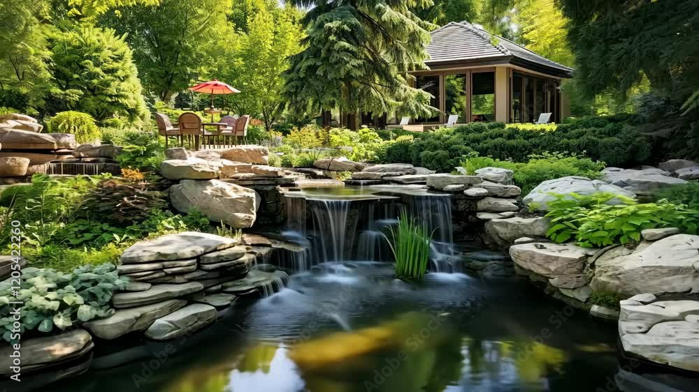 Landscape design in a home garden close-up, a beautiful landscaped garden with plants, shrubs, stones and a small fountain. Beautiful landscaping of the backyard of an apartment building in summer. Landscape design in a home garden close-up, a beautiful landscaped garden with plants, shrubs, stones and a small fountain. Beautiful landscaping of the backyard of an apartment building in summer.