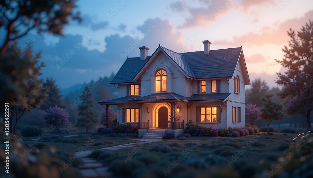 Elegant House Illuminated At Dusk In A Picturesque Setting Elegant House Illuminated At Dusk In A Picturesque Setting