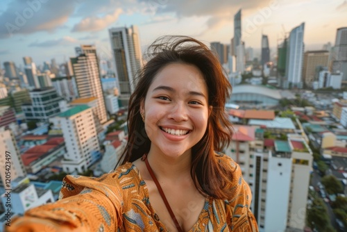 Young woman taking selfie with vibrant cityscape. Neural network AI generated photo