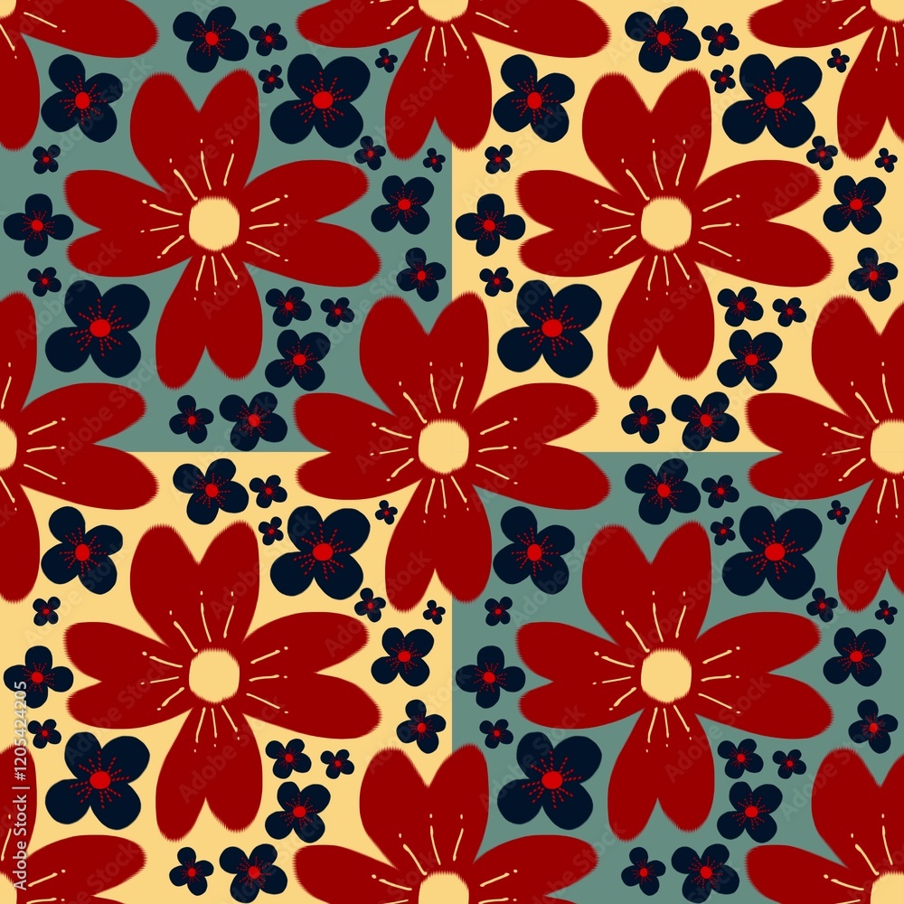 Obraz premium Bold Red and Dark Blue Floral Pattern