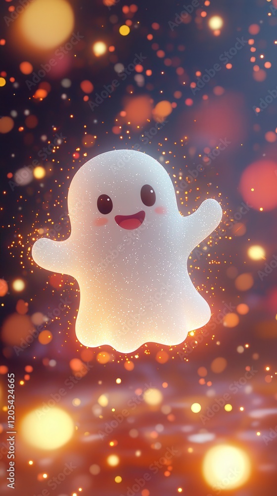 Obraz premium Adorable glowing cartoon ghost surrounded by colorful orbs and sparkles on a dark backdrop, symbolizing cheerful whimsy. Perfect for magical wallpapers and festive themes.
