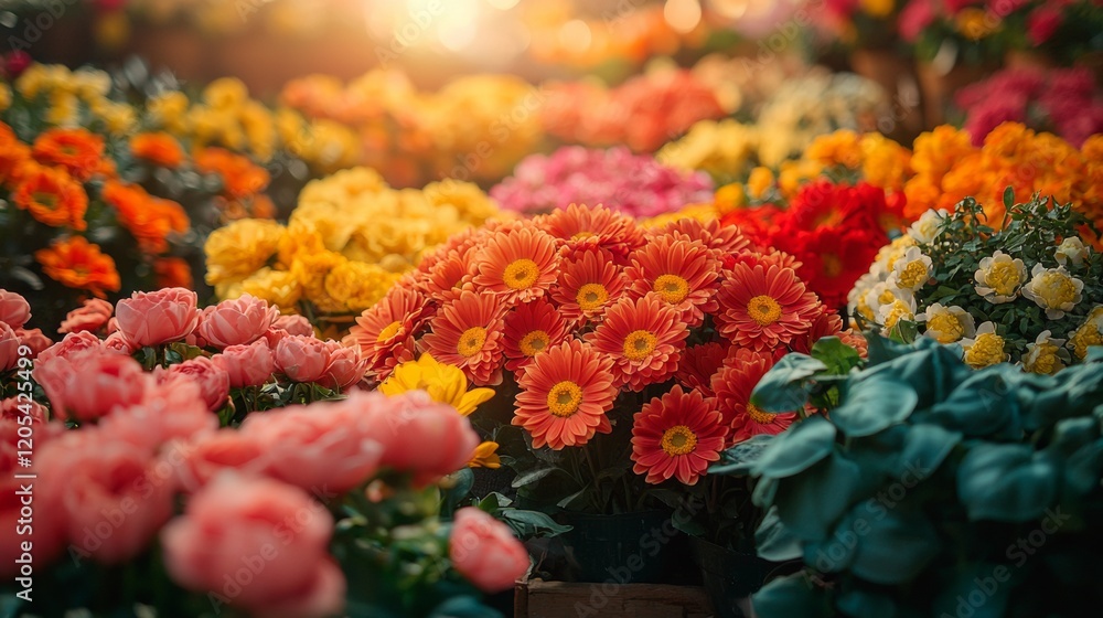 Naklejka premium Colorful field of blooming flowers under sunlight