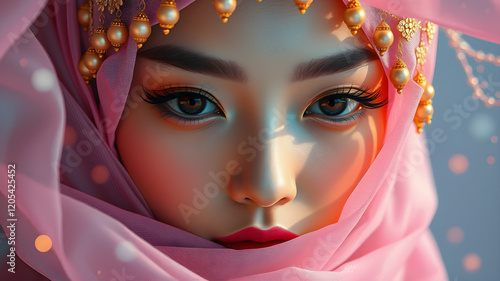 The scene unfolds like a dream: a model's radiant, hyper-realistic visage emerges. Her bold, curled lashes and radiant rosy-golden makeup dazzle under a cinematic glow. Flowing pink fabric adorned wit photo