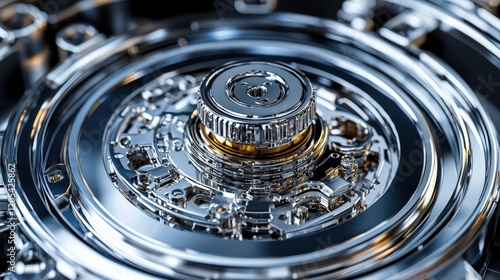 Intricate Metallic Gear Mechanism: Close-up of Polished Chrome and Steel Components photo