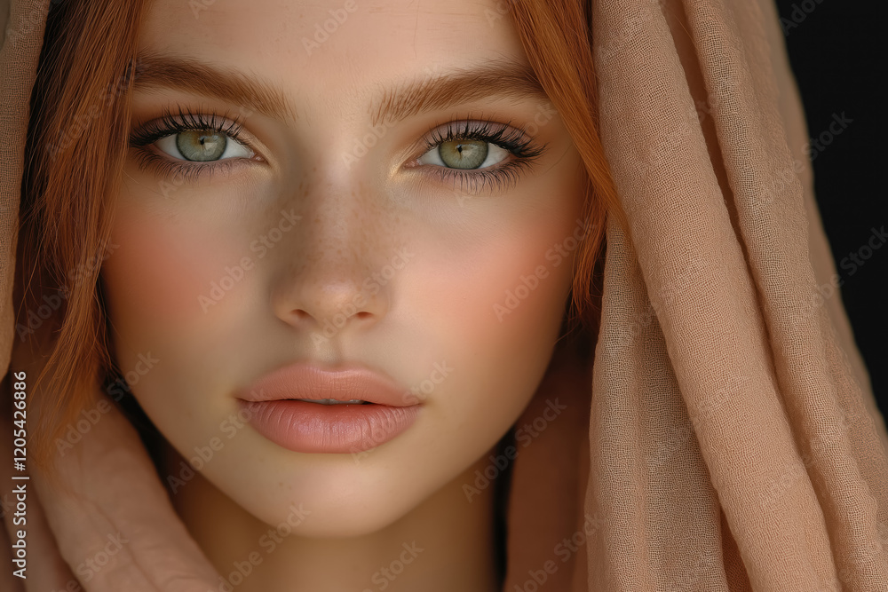 red haired woman with delicate veil and natural freckles in soft lighting red haired woman with delicate veil and natural freckles in soft lighting