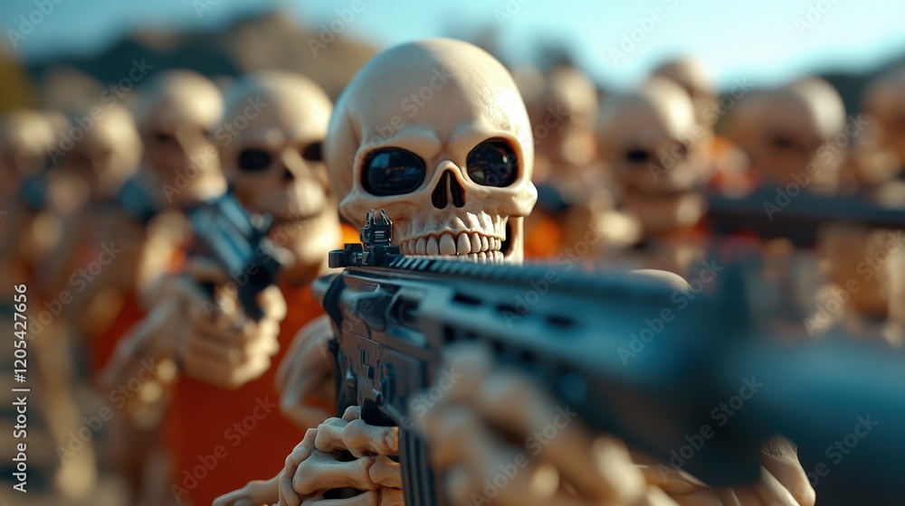 Fototapeta premium A chilling scene featuring skeletal figures holding weapons evokes feelings of dystopia and fear, challenging viewers to confront themes of mortality and the darker aspects of humanity.