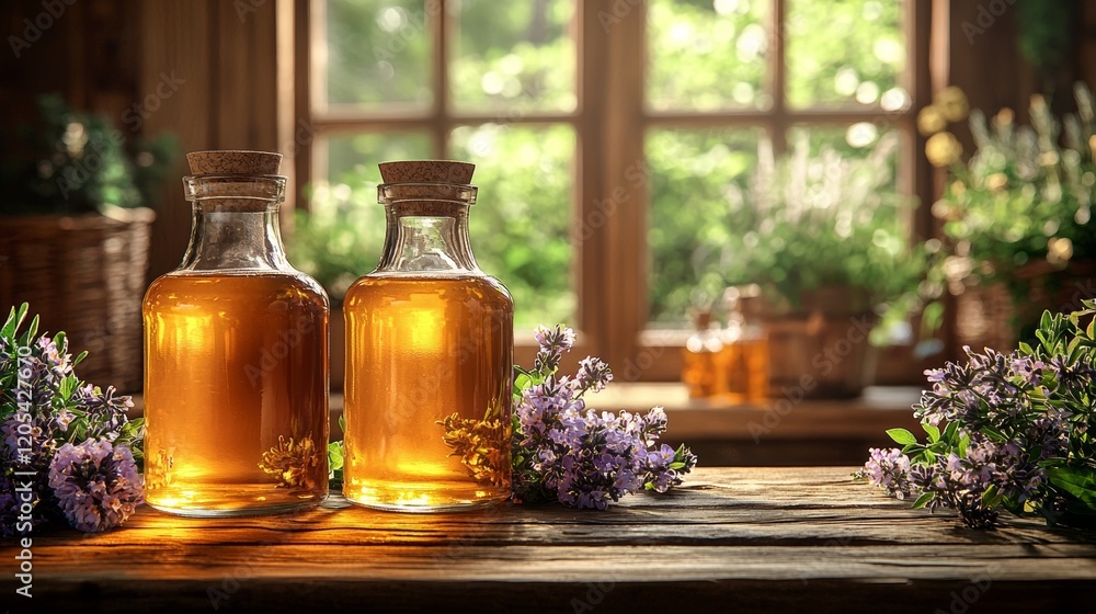 Glass bottles of herbal oils on a rustic wooden table Glass bottles of herbal oils on a rustic wooden table