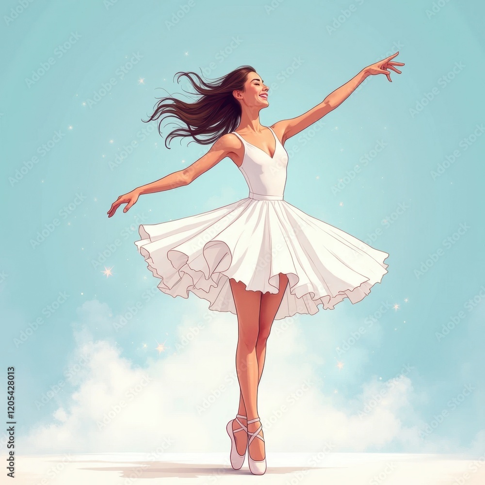 Ballerina in White: Comic Illustration with Background Ballerina in White: Comic Illustration with Background