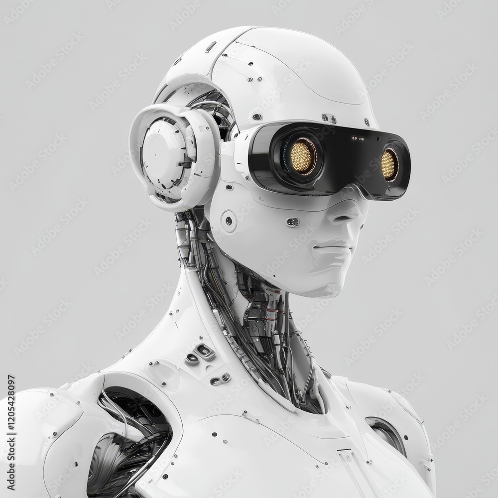 Close-up of a white humanoid robot's head and shoulders, showcasing its mechanical details and futuristic goggles. Close-up of a white humanoid robot's head and shoulders, showcasing its mechanical details and futuristic goggles.