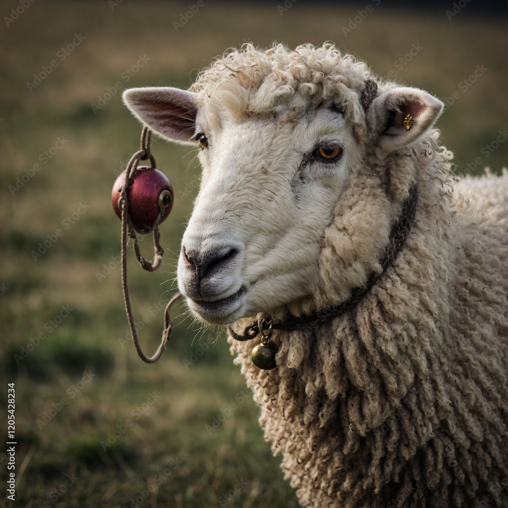 A sheep with a little bell tied around its neck. A sheep with a little bell tied around its neck.