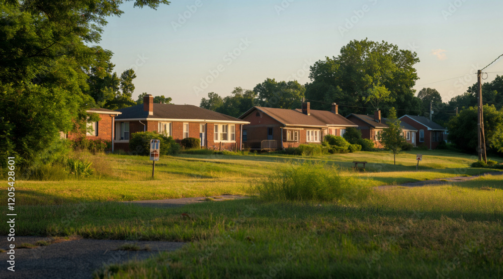 Suburban Neighborhood with Row of Brick Houses in Evening Light Suburban Neighborhood with Row of Brick Houses in Evening Light