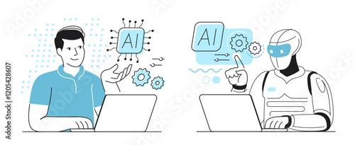 Man working on laptop using artificial intelligence technology. AI assistant, virtual cyberspace, digital data