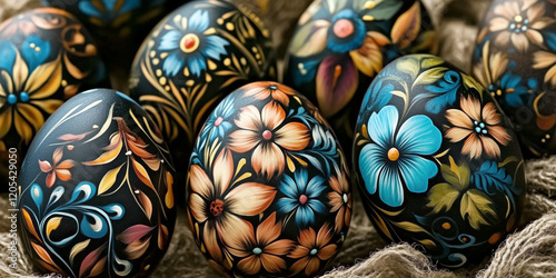 Easter eggs painted with detailed floral patterns greeting card decoration banner photo