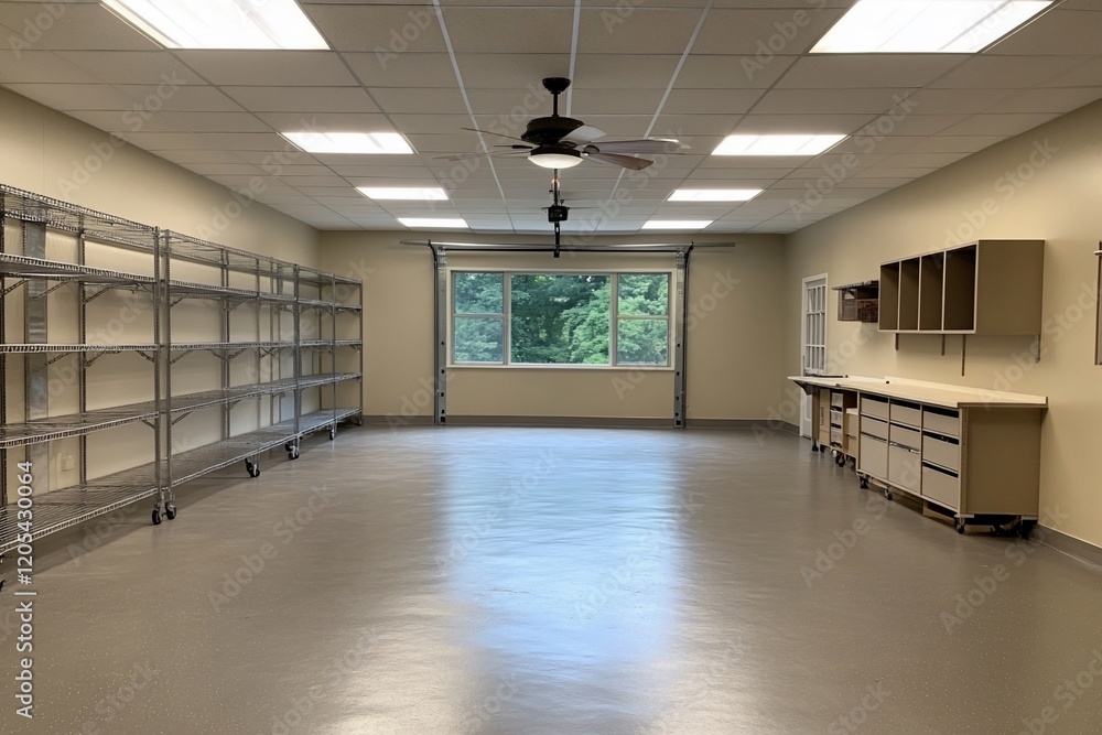 Spacious workshop with epoxy floor, shelving, cabinets, and overhead door. Spacious workshop with epoxy floor, shelving, cabinets, and overhead door.