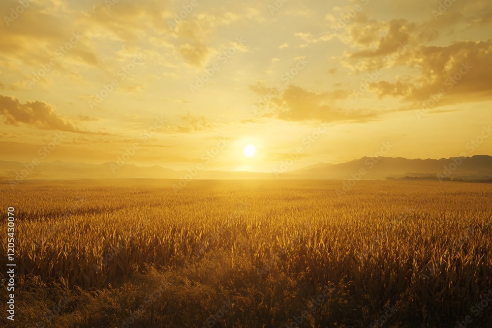 Golden sunset over vast wheat field, hazy mountains in distance. Golden sunset over vast wheat field, hazy mountains in distance.