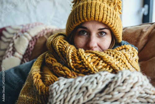 Woman bundled in yellow blanket on couch, feeling cold. Neural network AI generated photo