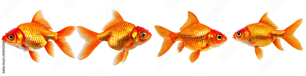 Fototapeta premium Four vibrant goldfish swimming against a transparent background.