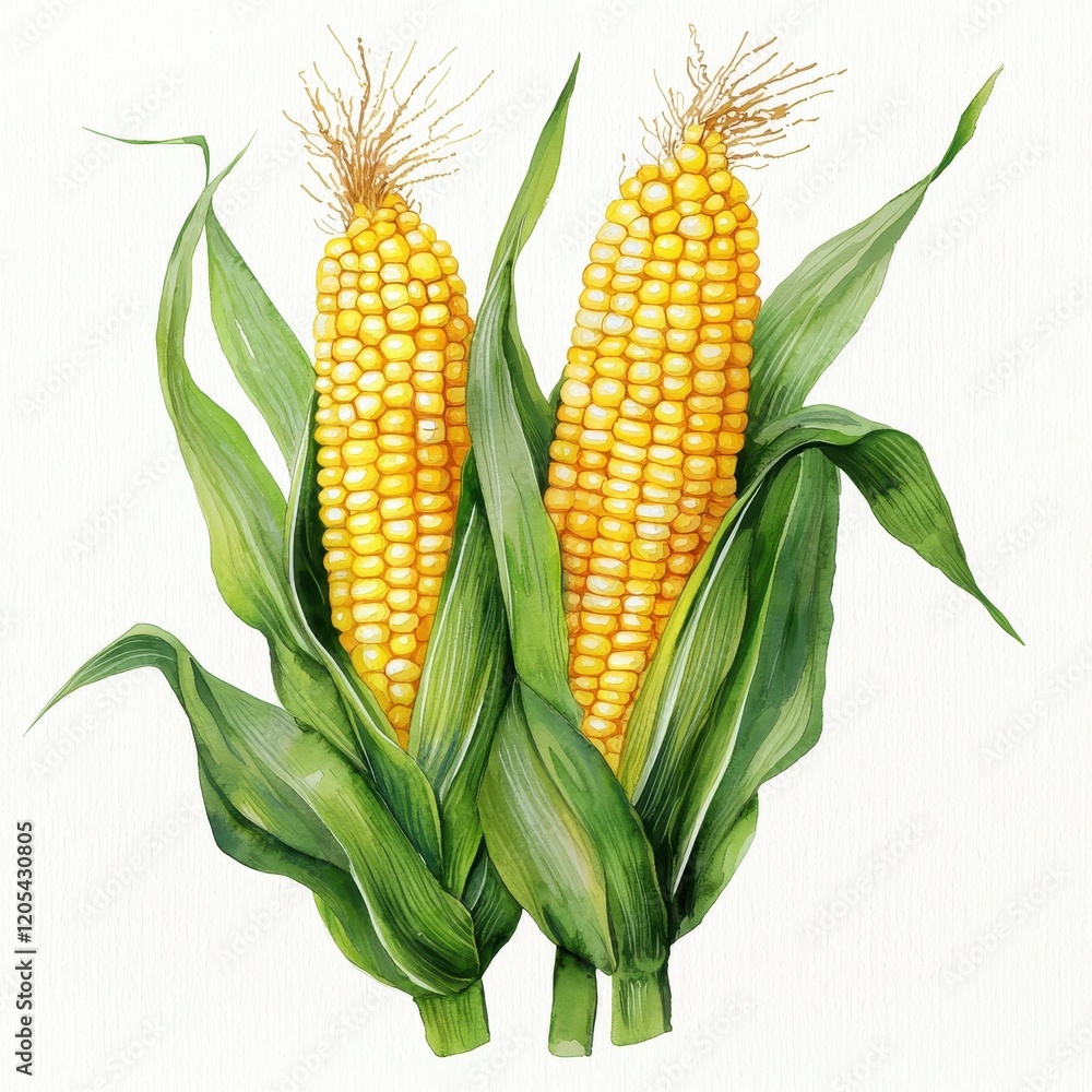 Two Fresh Corn on the Cob with Lush Green Husks Watercolor Illustration Two Fresh Corn on the Cob with Lush Green Husks Watercolor Illustration