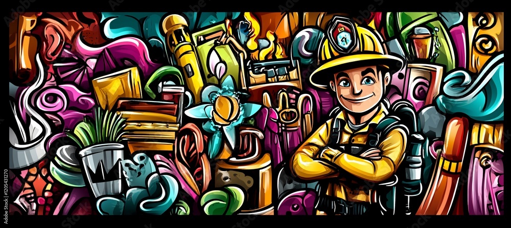 Fototapeta premium Cartoon firefighter amidst vibrant doodle background of diverse objects.