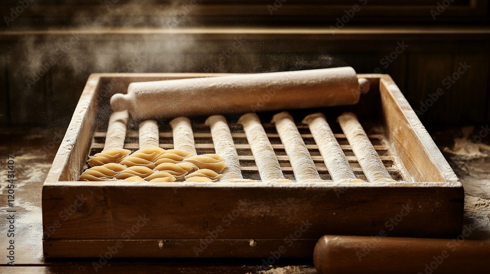 Fresh pasta drying on wooden rack with rolling pin. Fresh pasta drying on wooden rack with rolling pin.