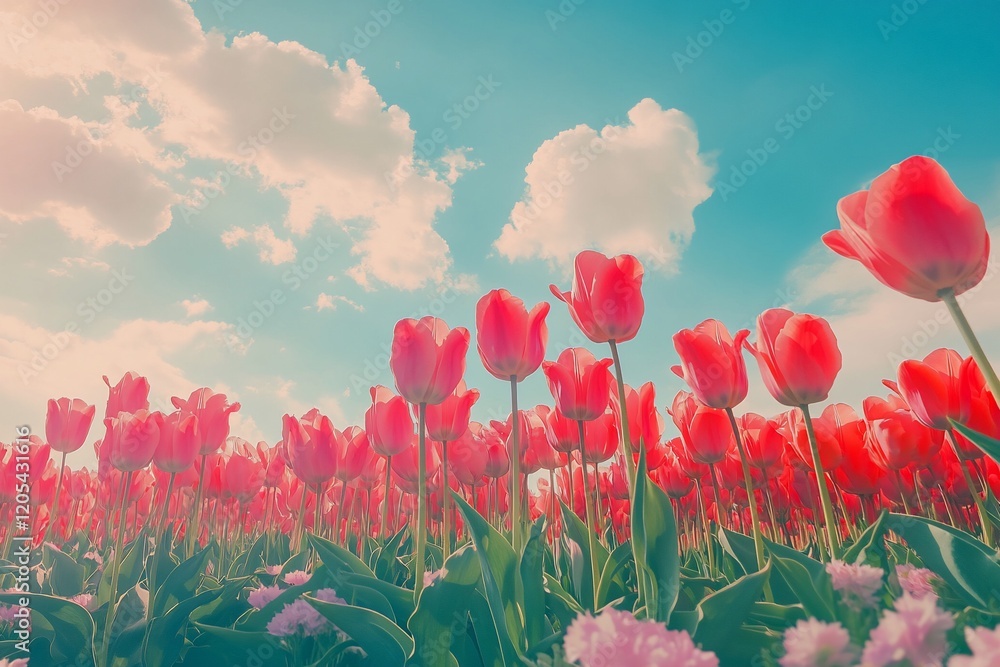 Fototapeta premium Vibrant red tulips field under a bright sky.