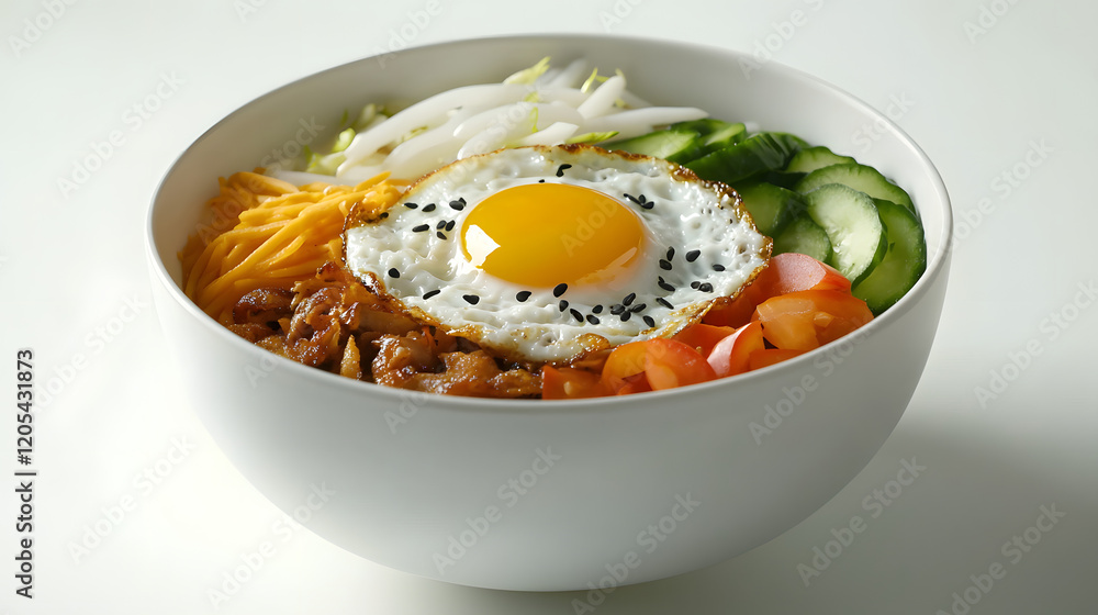 Colorful and Fresh Ingredients in a White Ceramic Bowl with Egg Colorful and Fresh Ingredients in a White Ceramic Bowl with Egg