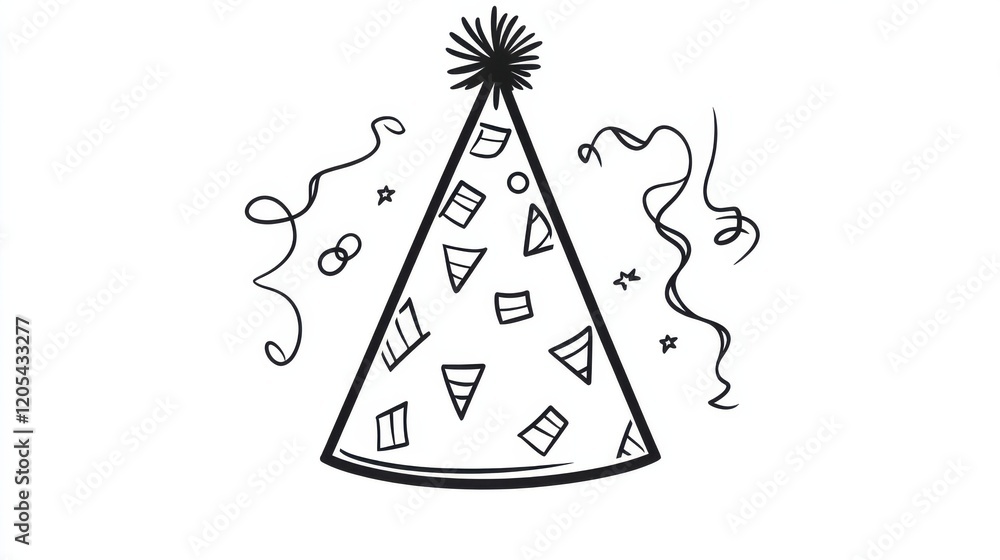 Fototapeta premium Simple Hand-Drawn Party Hat with Confetti and Streamers Illustration