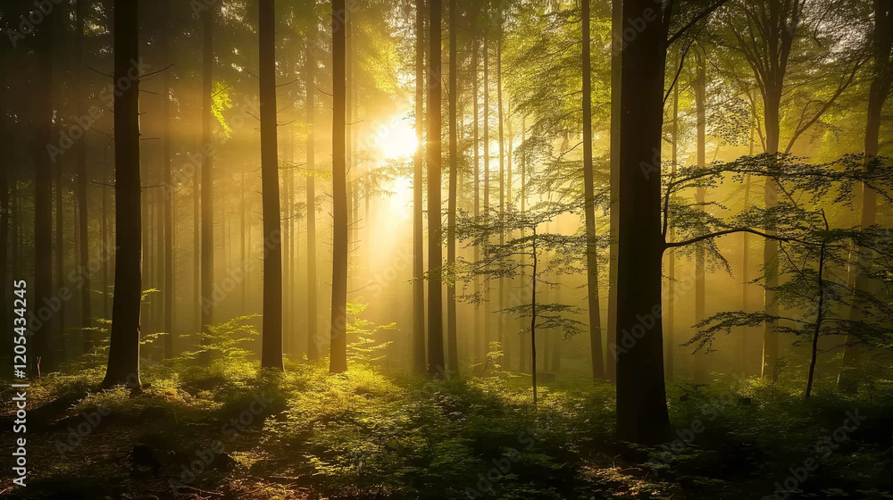 Fototapeta premium Golden Sunlight Filtering Through Dense Forest Canopy at Dawn