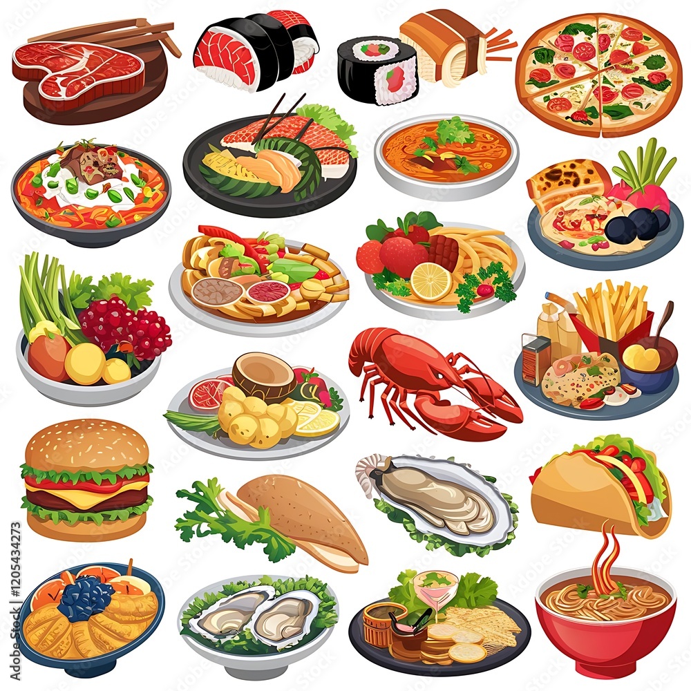 Big vector set: food icons (various delicious dishes). Traditional cuisine. Main course of different Big vector set: food icons (various delicious dishes). Traditional cuisine. Main course of different