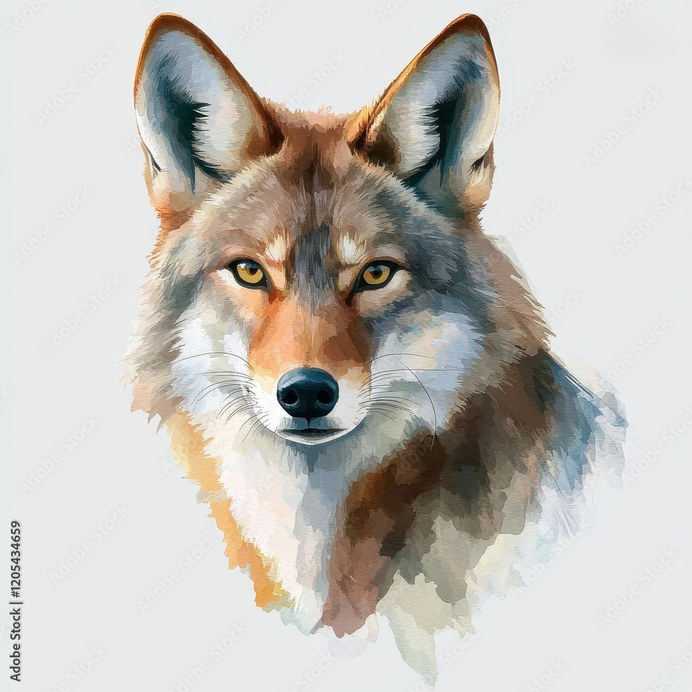 Fototapeta premium Majestic Coyote Portrait Watercolor Painting of Wild Canine Fierce Eyes Fur Detail