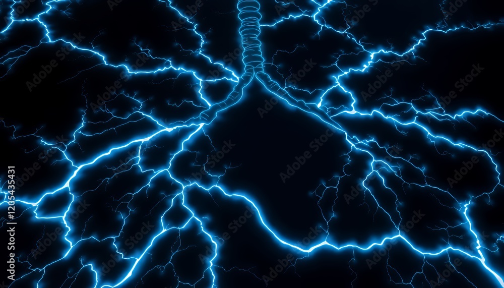 Obraz premium Abstract digital illustration of blue lightning energy pattern on black background. Intense, vibrant glow of electrical energy branches. Dynamic, electrifying texture design for futuristic tech backg