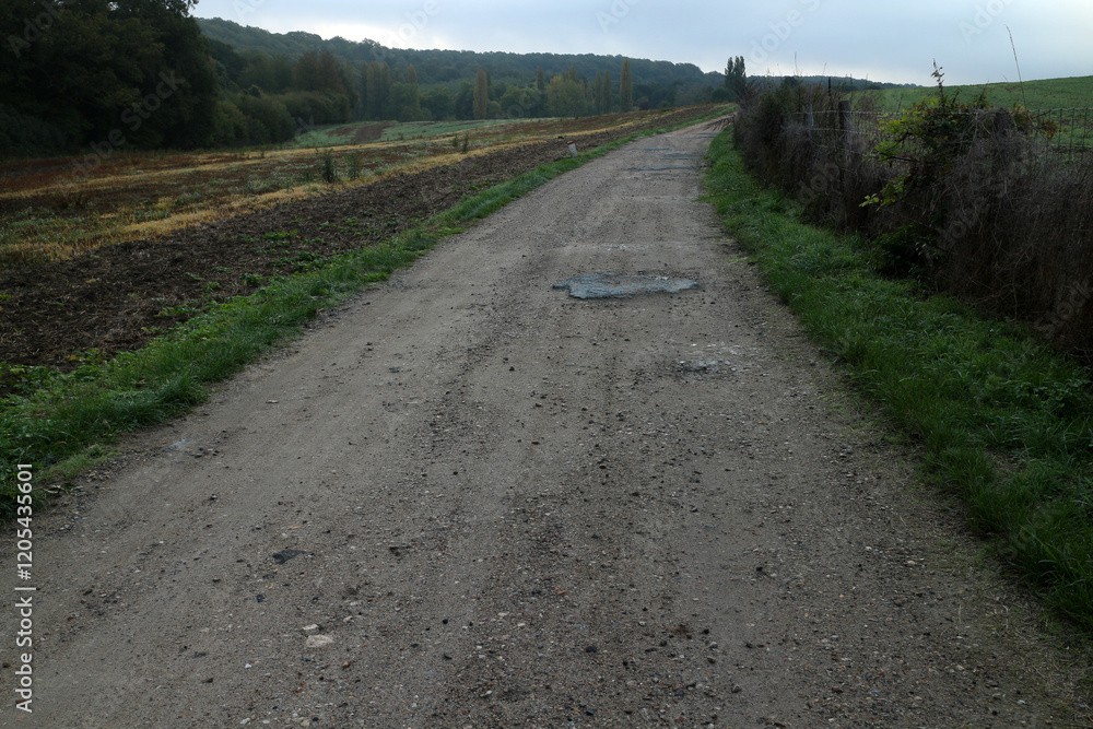 Walking trail in the countyside in Ile-de-France in Autumn - France
