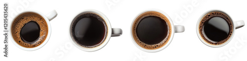 Four coffee cups in varying sizes filled with dark coffee against a transparent background.
