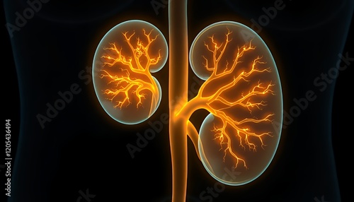 Detailed 3D Render of Glowing Human Kidneys in Dark Background, Highlighting Renal Artery and Vein, Medical Illustration for Anatomy and Physiology photo