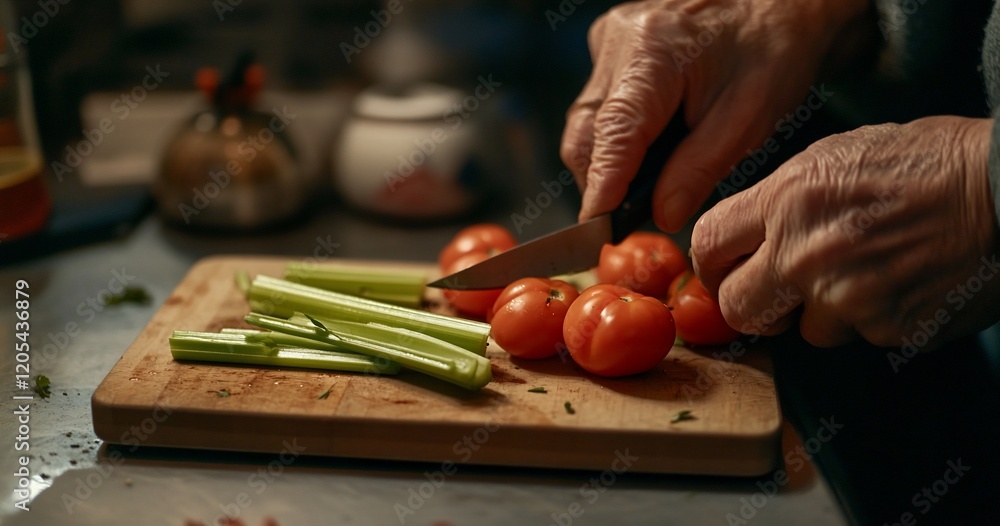 Elderly hands prepping celery and cherry tomatoes on a wooden board. Elderly hands prepping celery and cherry tomatoes on a wooden board.