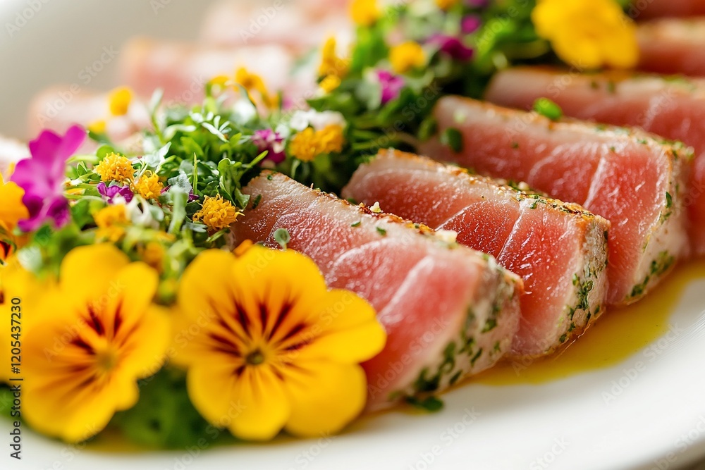 Seared tuna slices garnished with edible flowers and herbs on a white plate. Seared tuna slices garnished with edible flowers and herbs on a white plate.