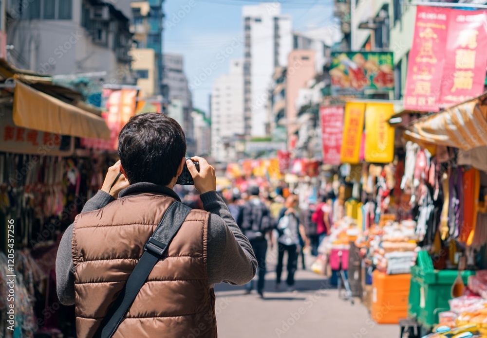 Obraz premium Man photographs bustling Asian street market.