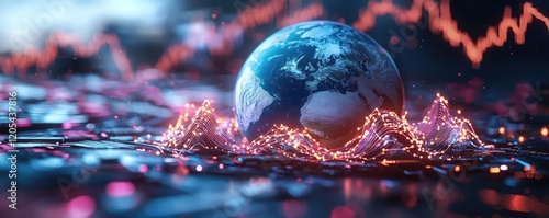 Earth surrounded by disrupted banking waves and volatile financial graphs, glowing with tension, global financial market, chaotic finance
