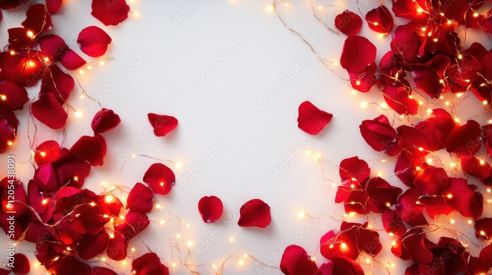 Romantic Red Rose Petals with Fairy Lights on White Background Romantic Red Rose Petals with Fairy Lights on White Background