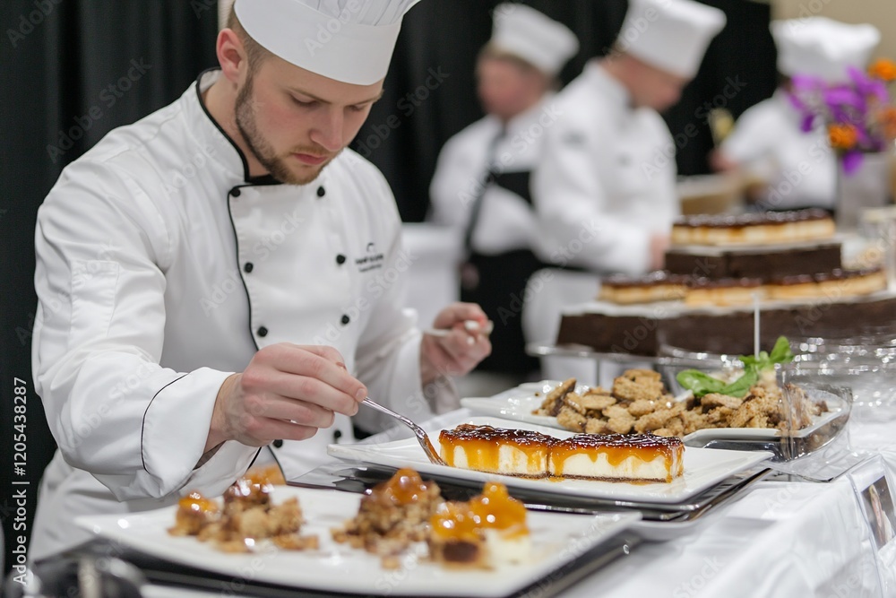 Chef meticulously arranging gourmet desserts on a platter for display. Chef meticulously arranging gourmet desserts on a platter for display.
