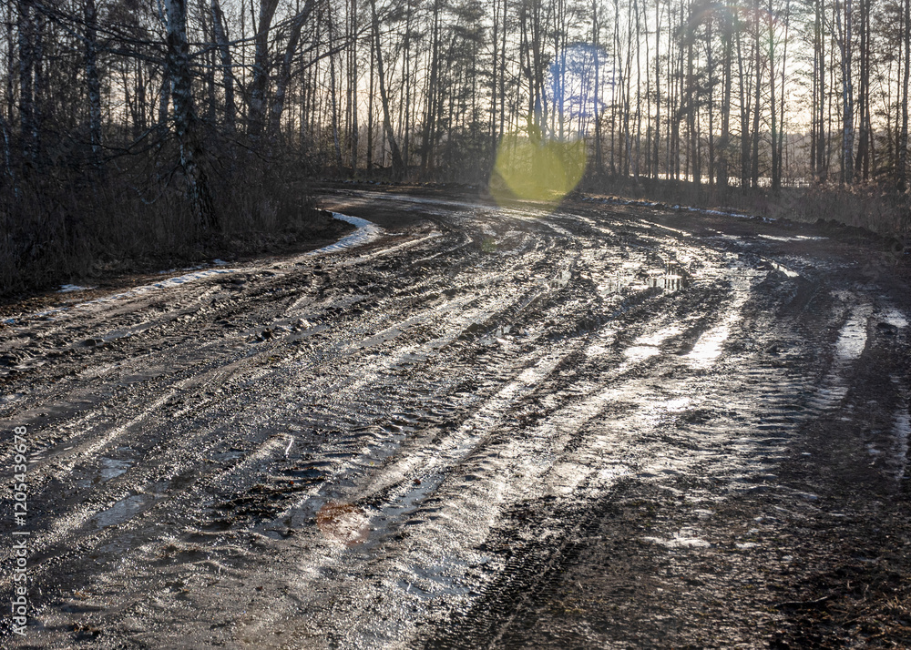 a muddy, wet road, mud texture, snow remnants, winter road