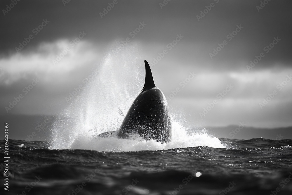Fototapeta premium Orca whale breaching, dramatic black and white ocean scene.