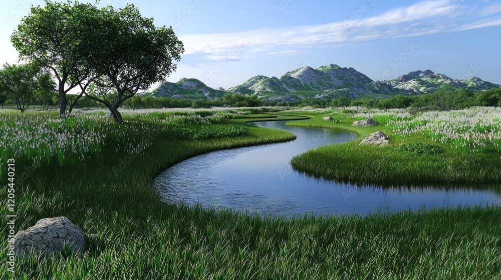 Serene river meandering through mountain meadow Serene river meandering through mountain meadow