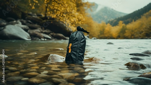 A photo of a waterproof dry bag floating in a river.