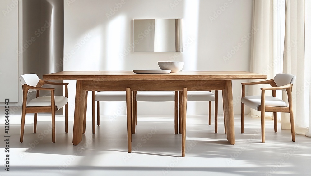 Modern wooden dining table with six chairs in minimalist bright room. Modern wooden dining table with six chairs in minimalist bright room.