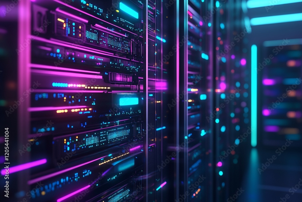 Naklejka premium Illuminated server racks in a modern data center.
