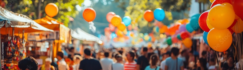 Obraz premium Blurred image of a bustling street fair with colorful balloons and many people.