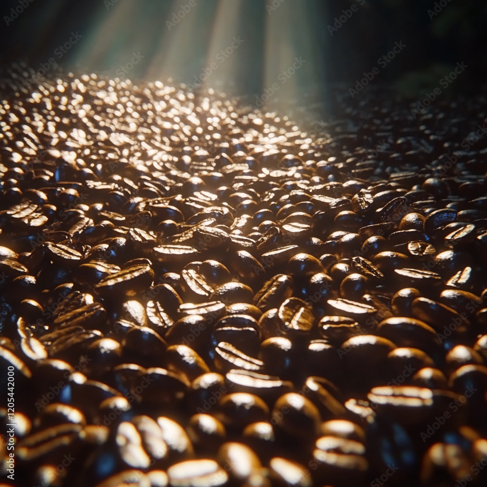 Fototapeta premium Coffee beans glistening under sunlight in a warm, inviting atmosphere in a warehouse setting